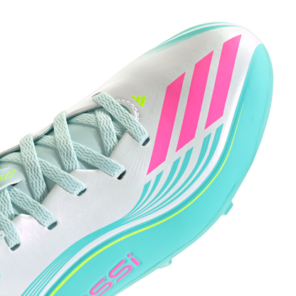 adidas F50 Messi League Firm/Multi-Ground Cleats | Cloud White / Lucid Pink / Flash Aqua | Kid's