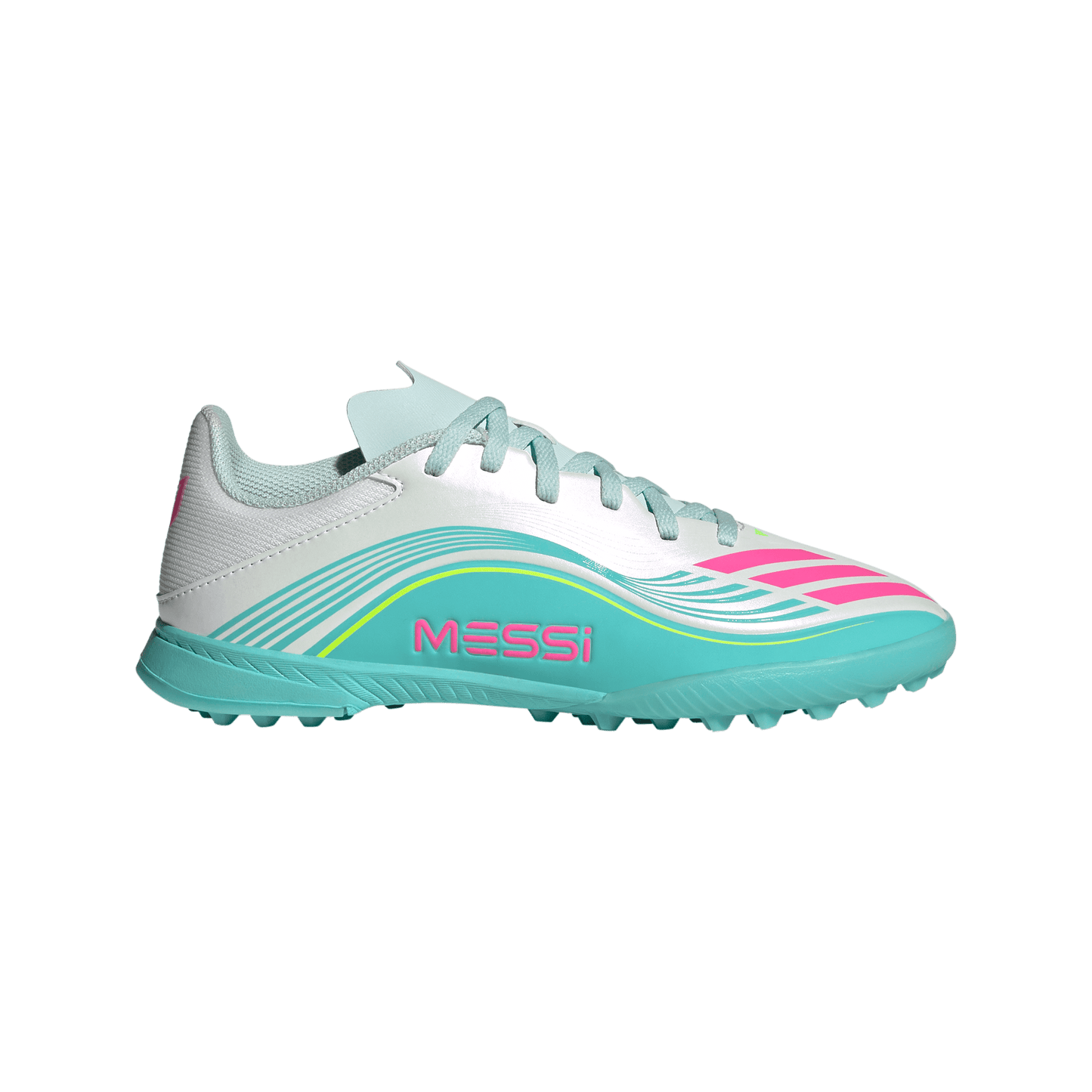 adidas F50 MESSI LEAGUE Turf Football Shoes | Cloud White / Lucid Pink / Flash Aqua | Kid's