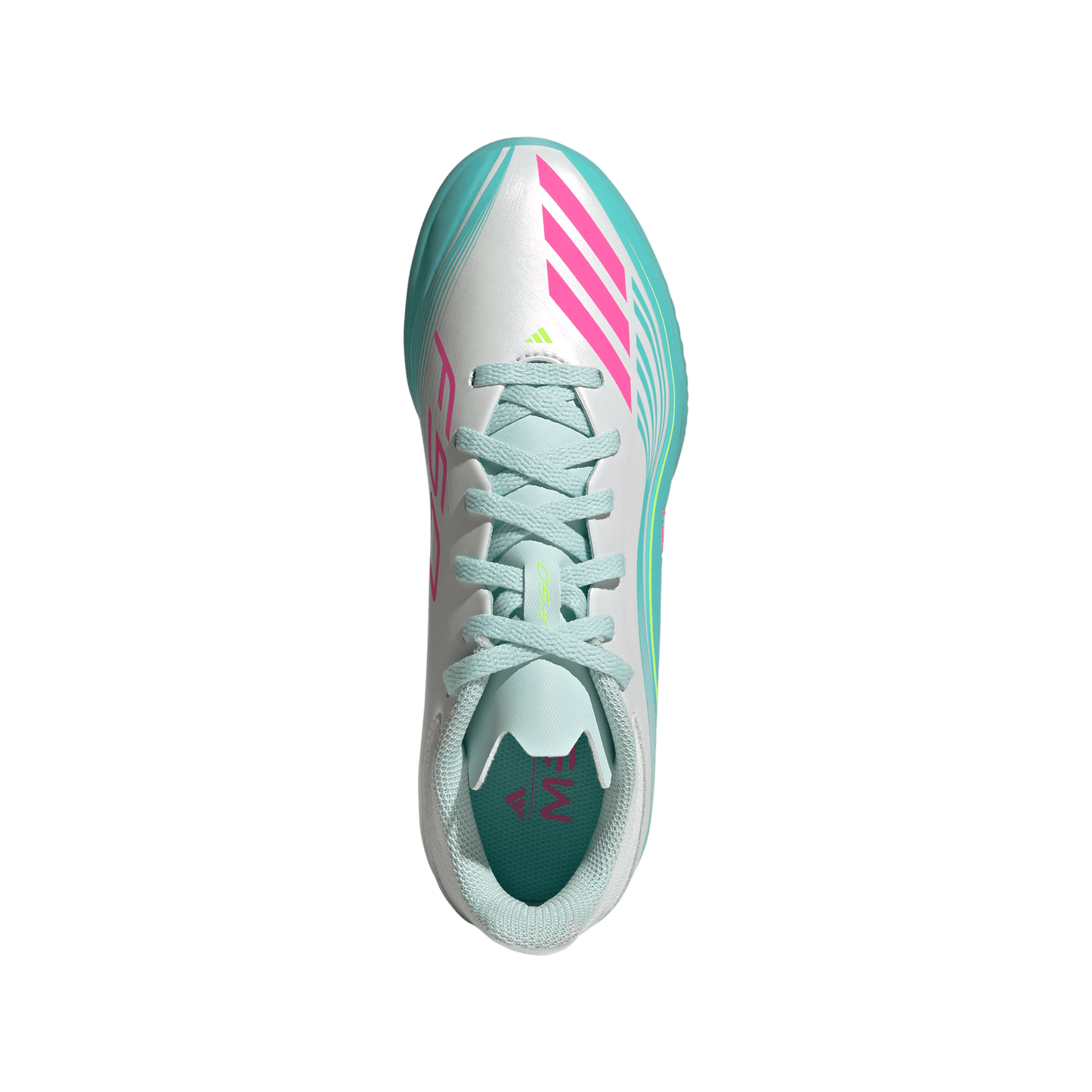 adidas F50 MESSI LEAGUE Turf Football Shoes | Cloud White / Lucid Pink / Flash Aqua | Kid's