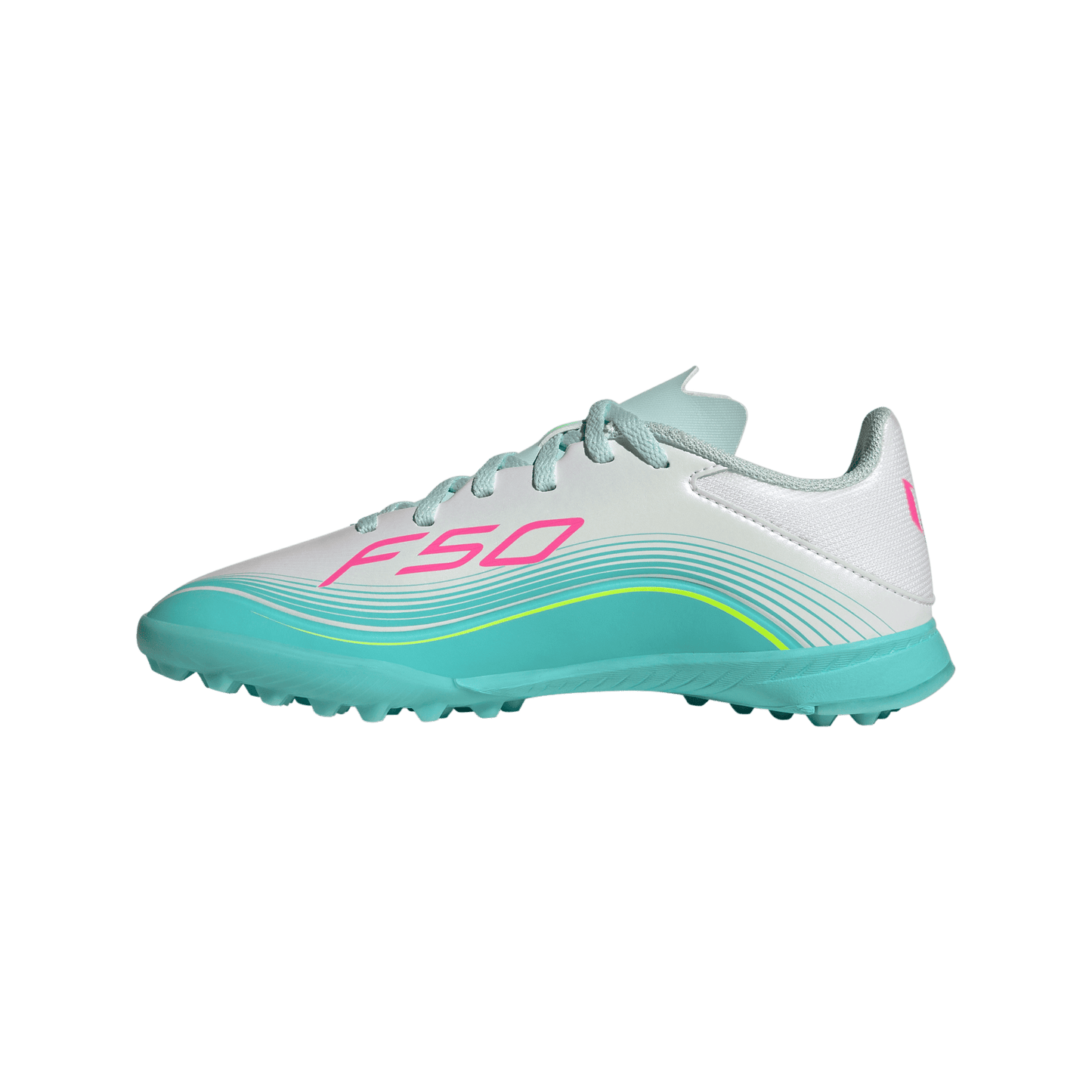 adidas F50 MESSI LEAGUE Turf Football Shoes | Cloud White / Lucid Pink / Flash Aqua | Kid's