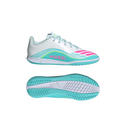 adidas F50 Club Indoor Messi Soccer Shoes | White / Lucid Pink / Flash Aqua | Kid's