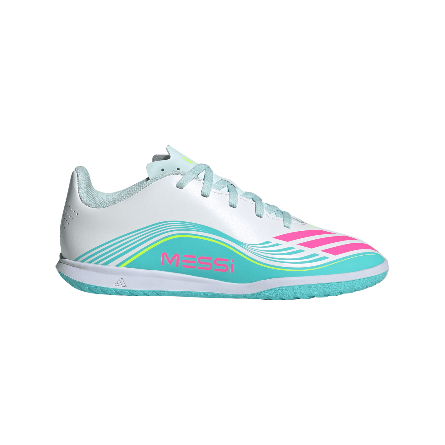 adidas F50 Club Indoor Messi Soccer Shoes | White / Lucid Pink / Flash Aqua | Kid's