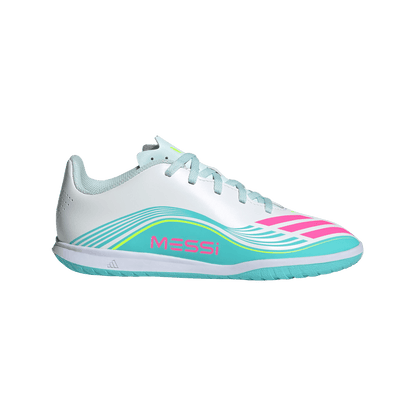 adidas F50 Club Indoor Messi Soccer Shoes | White / Lucid Pink / Flash Aqua | Kid's