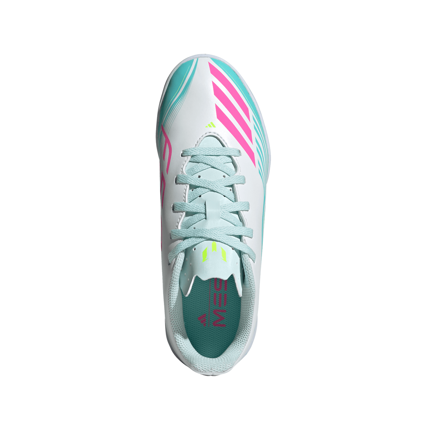 adidas F50 Club Indoor Messi Soccer Shoes | White / Lucid Pink / Flash Aqua | Kid's