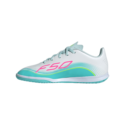 adidas F50 Club Indoor Messi Soccer Shoes | White / Lucid Pink / Flash Aqua | Kid's