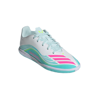 adidas F50 Club Indoor Messi Soccer Shoes | White / Lucid Pink / Flash Aqua | Kid's