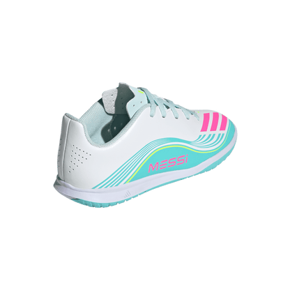 adidas F50 Club Indoor Messi Soccer Shoes | White / Lucid Pink / Flash Aqua | Kid's