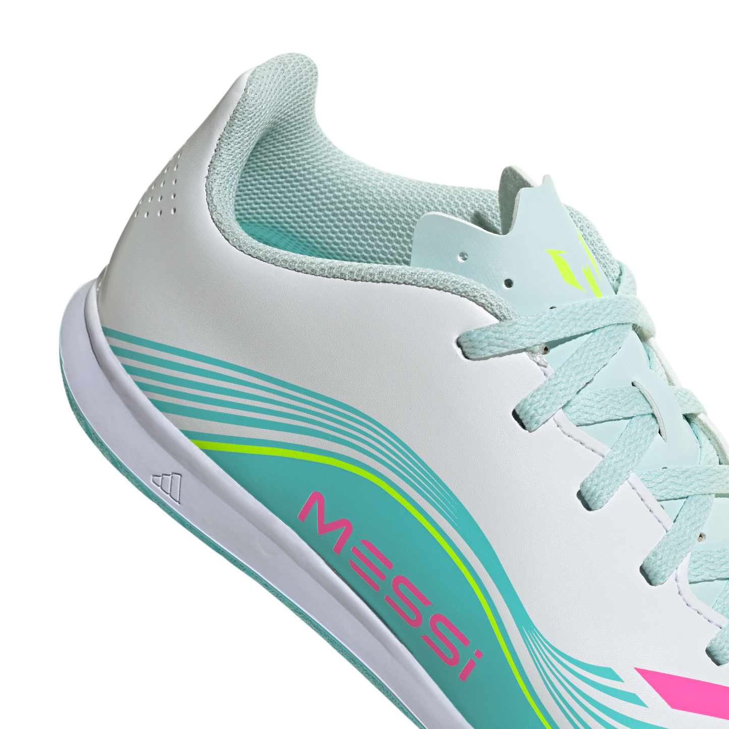 adidas F50 Club Indoor Messi Soccer Shoes | White / Lucid Pink / Flash Aqua | Kid's
