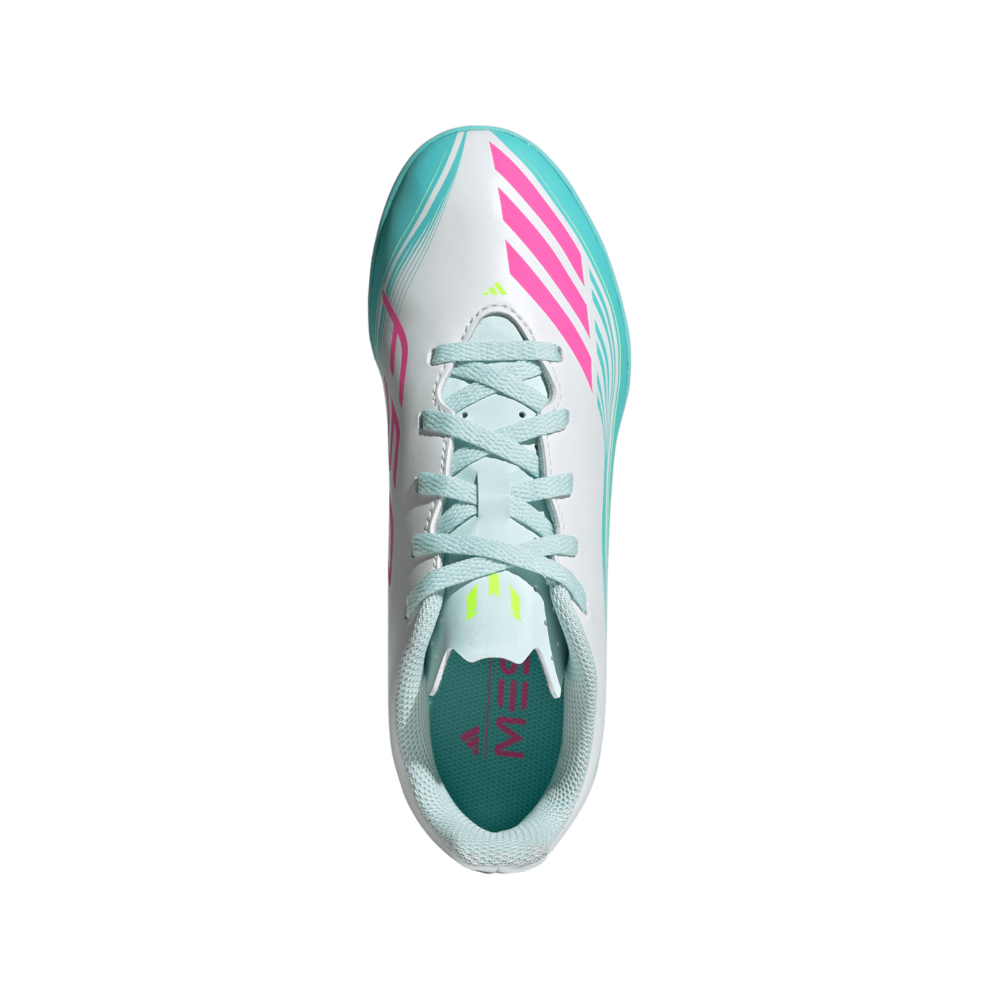 adidas F50 MESSI CLUB Turf Football Shoes | Cloud White / Lucid Pink / Flash Aqua | Kid's