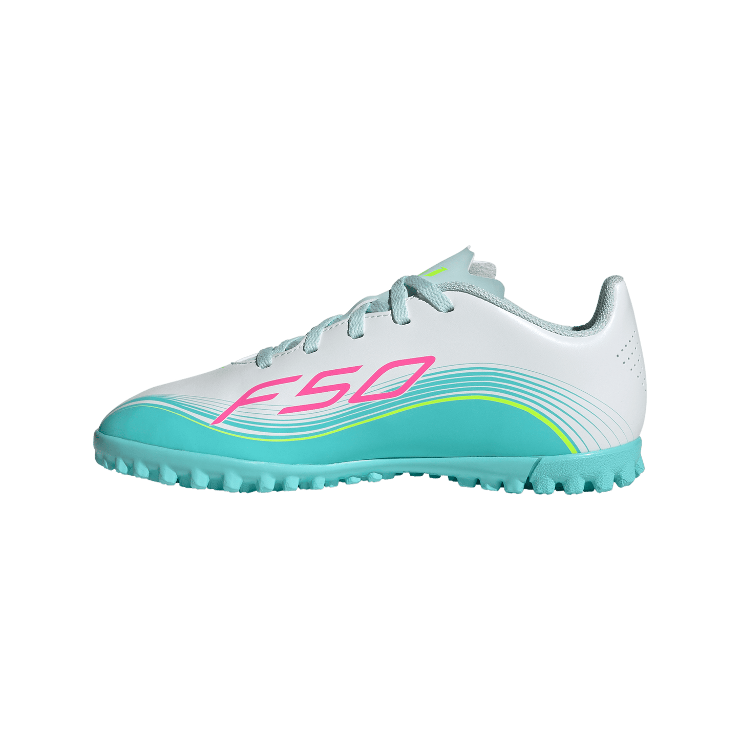 adidas F50 MESSI CLUB Turf Football Shoes | Cloud White / Lucid Pink / Flash Aqua | Kid's