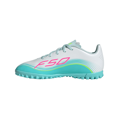 adidas F50 MESSI CLUB Turf Football Shoes | Cloud White / Lucid Pink / Flash Aqua | Kid's