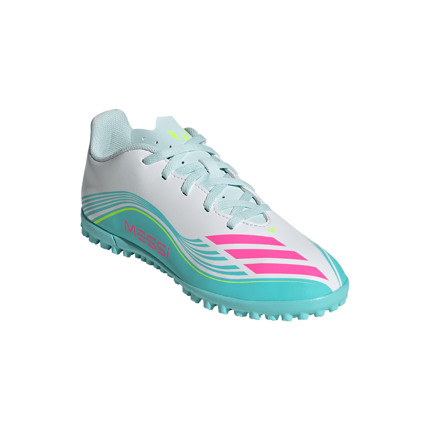 adidas F50 MESSI CLUB Turf Football Shoes | Cloud White / Lucid Pink / Flash Aqua | Kid's