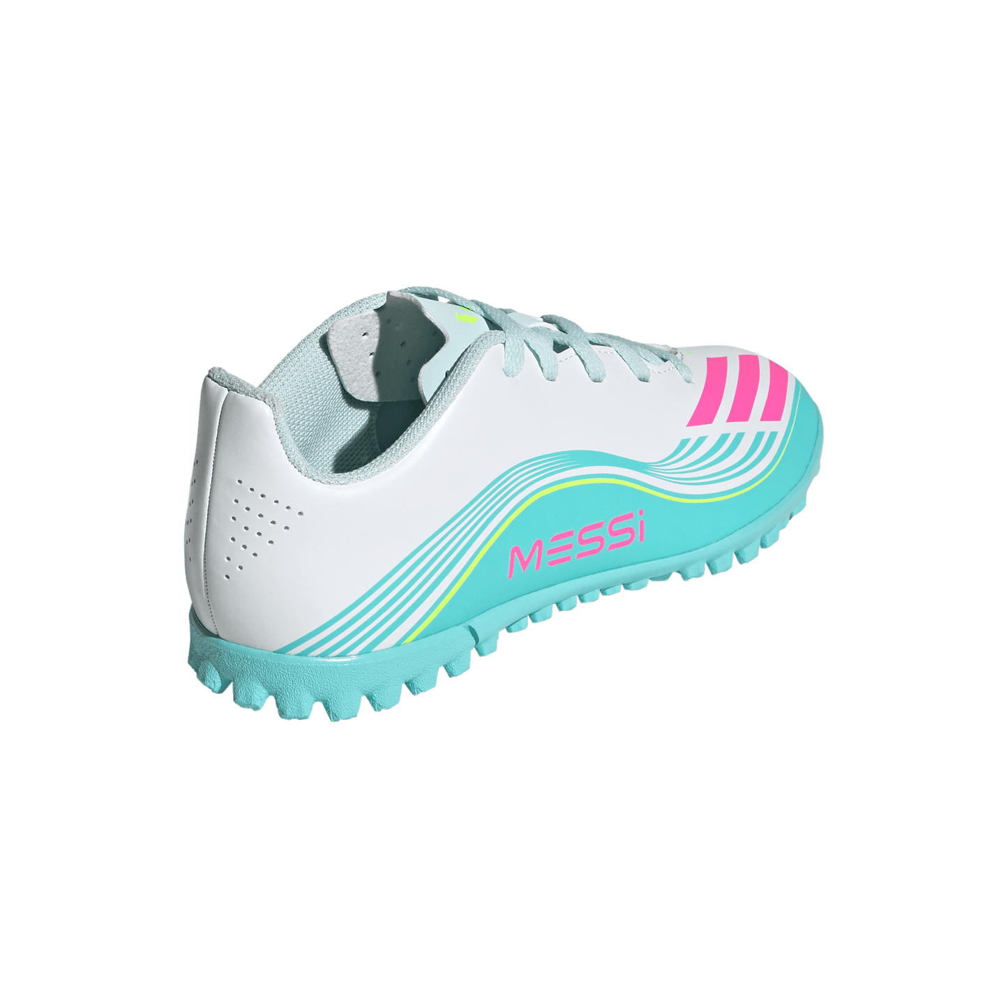 adidas F50 MESSI CLUB Turf Football Shoes | Cloud White / Lucid Pink / Flash Aqua | Kid's