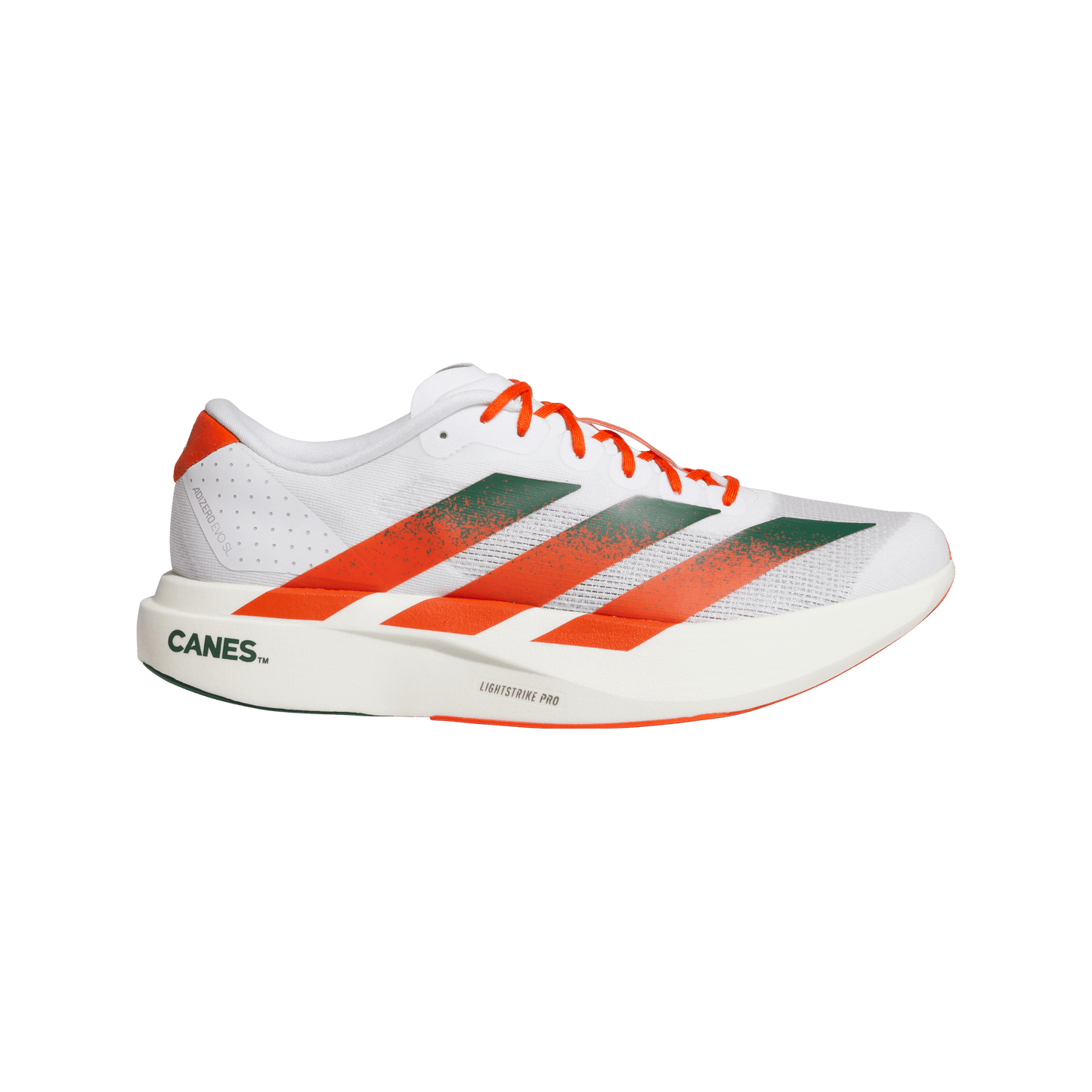adidas Miami Hurricanes Adizero Evo SL Running Shoes | Cloud White / Dark Green / Collegiate Orange | Men's