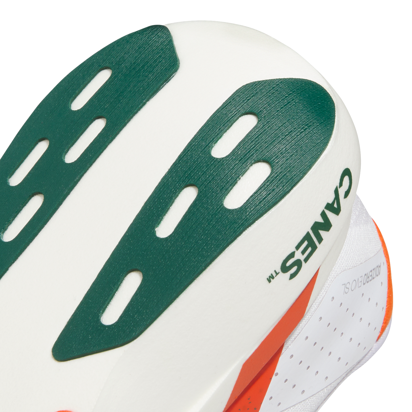 adidas Miami Hurricanes Adizero Evo SL Running Shoes | Cloud White / Dark Green / Collegiate Orange | Men's