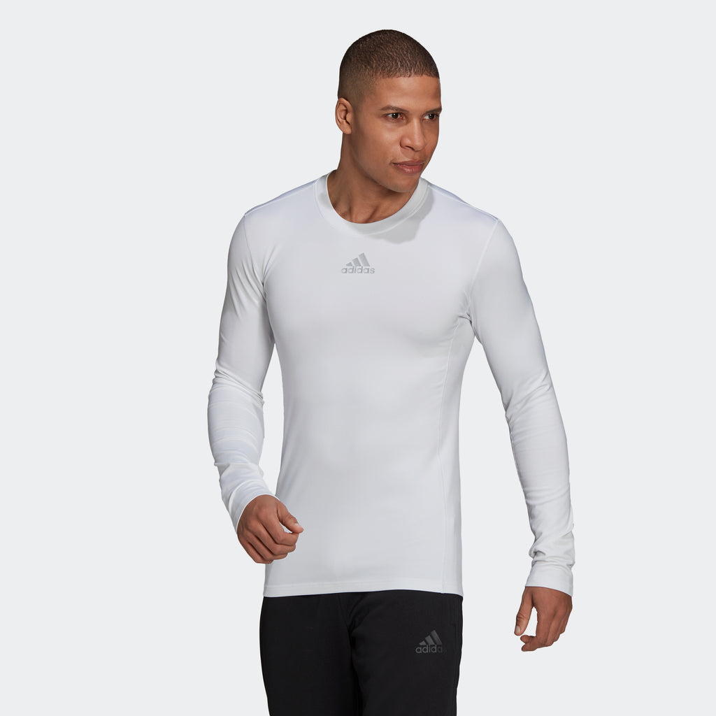 adidas TECHFIT Long-Sleeve Warm Top | White | Men's stripe 3 adidas